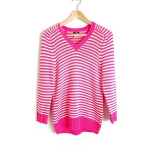 J. Crew Pink and Cream Striped V-Neck Sweater M
